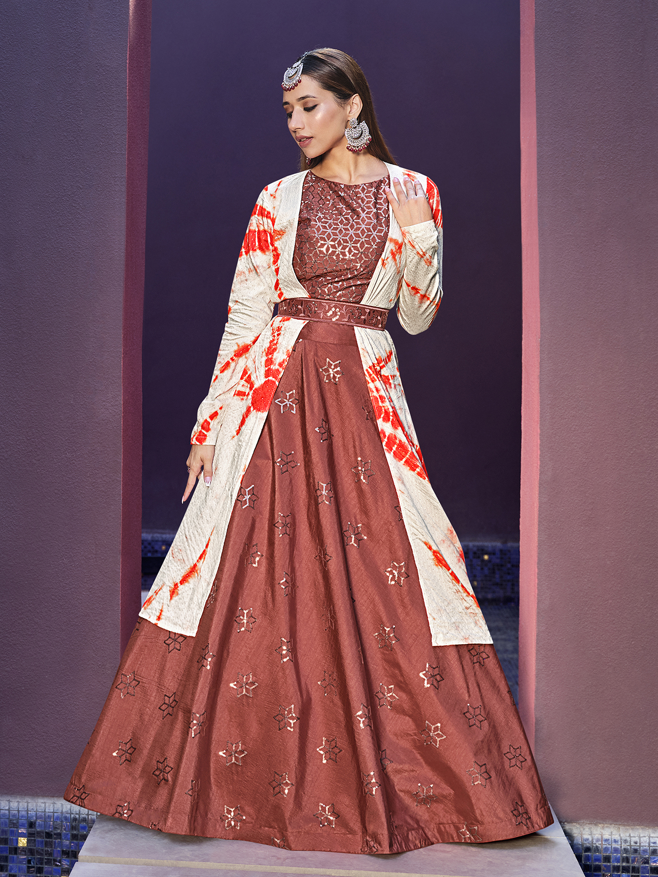 Rust orange sequins embroidered art silk festive & party wear semi stitched lehe