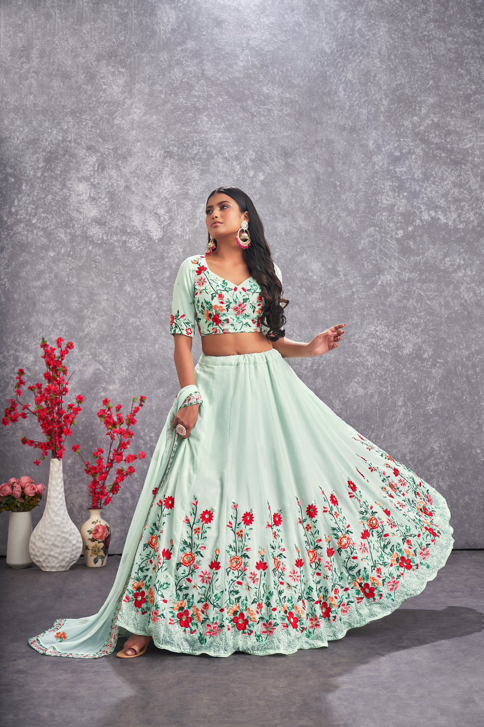 Shubhkala Sea Green Thread & Sequins Embroidered Lehenga Choli With Dupatta