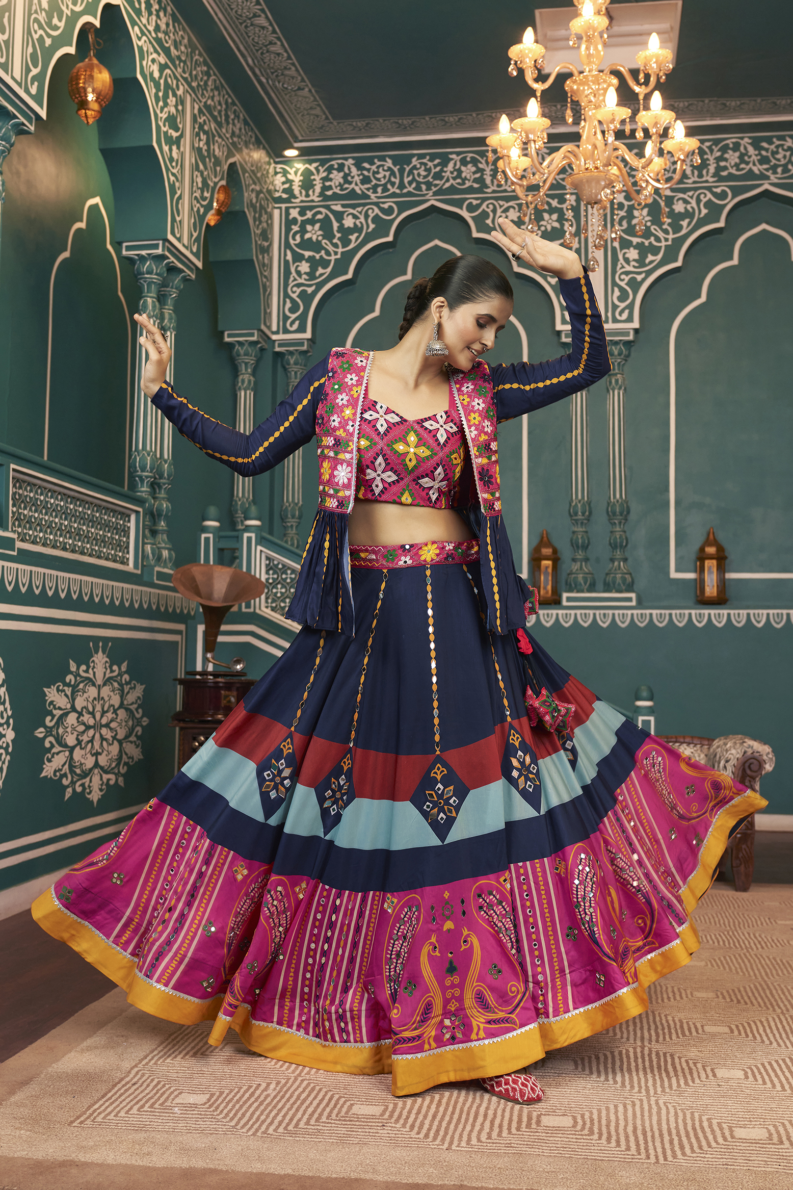 Startling Multi Color Printed Silk Navratri Lehenga Choli With Jacket