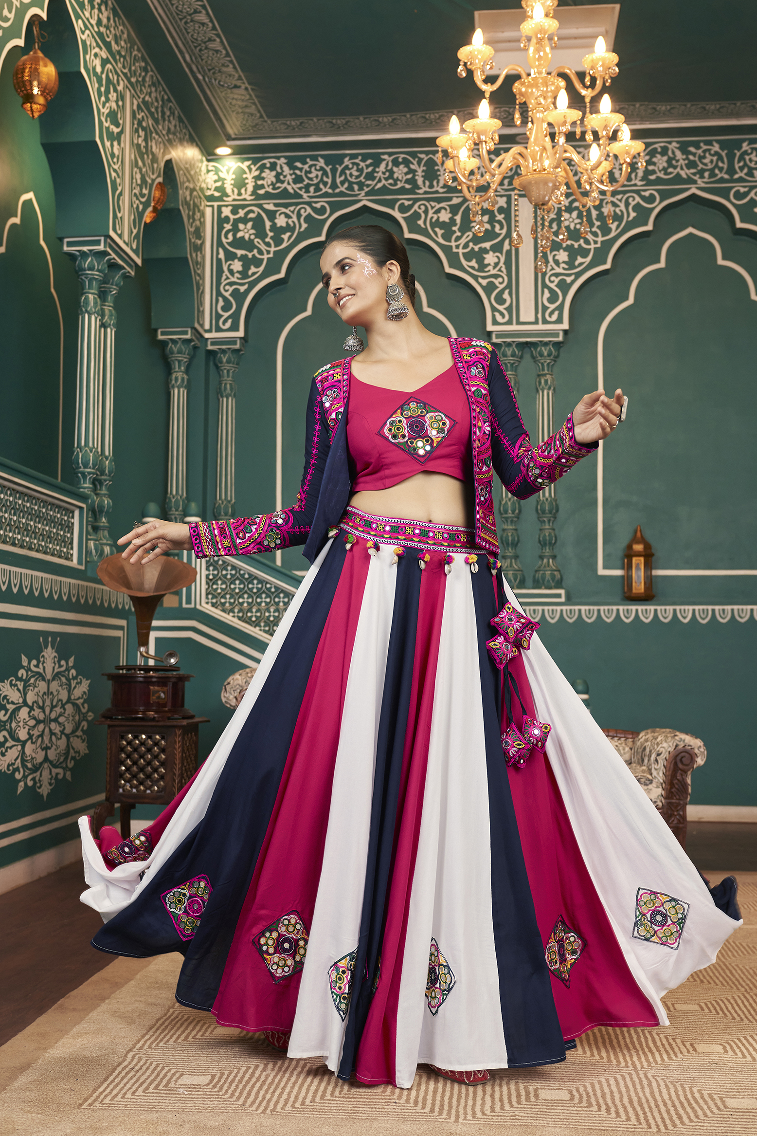 Multi Color Rayon Jacket Style Printed Panelled Lehenga