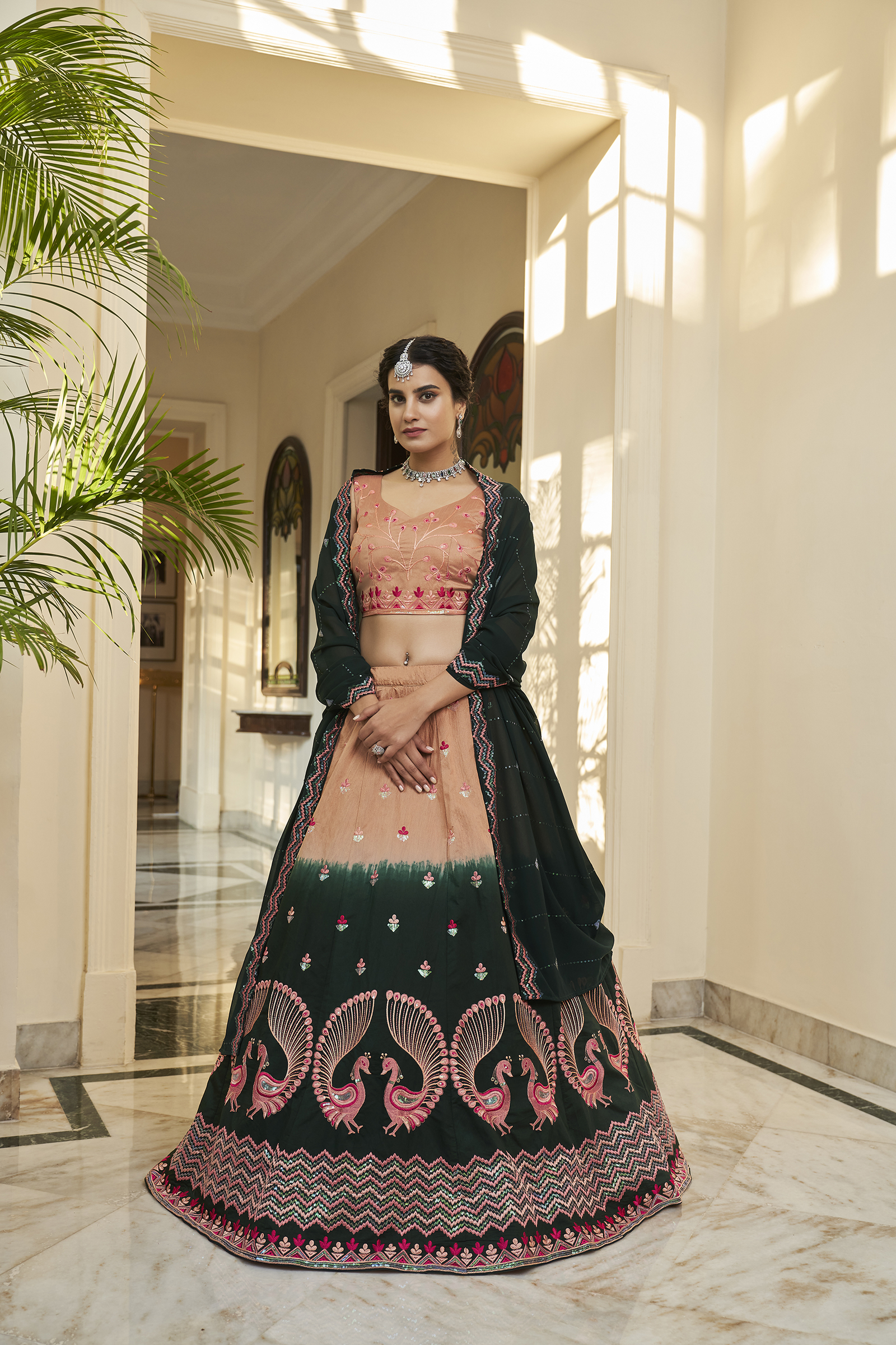 Embroidered Art Silk Lehenga in Peach and Dark Green