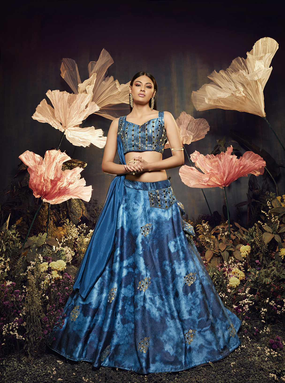 Blue siburri print with sequins embroidered and mirror work velvet festive & par
