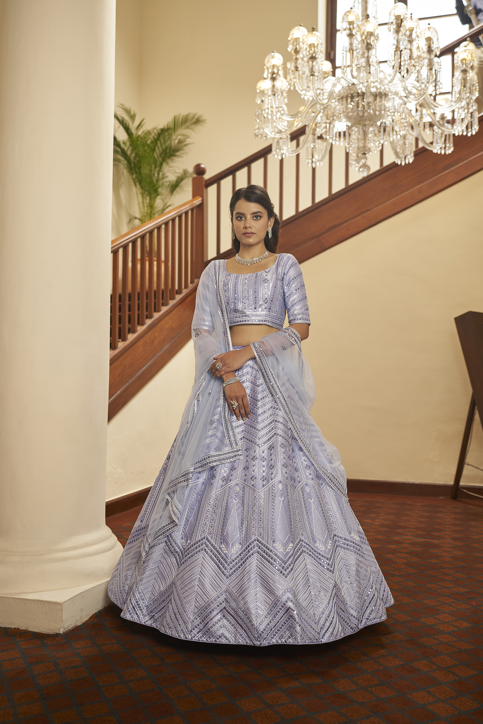 Lavender thread with sequins embroidered silk bridal lehenga choli