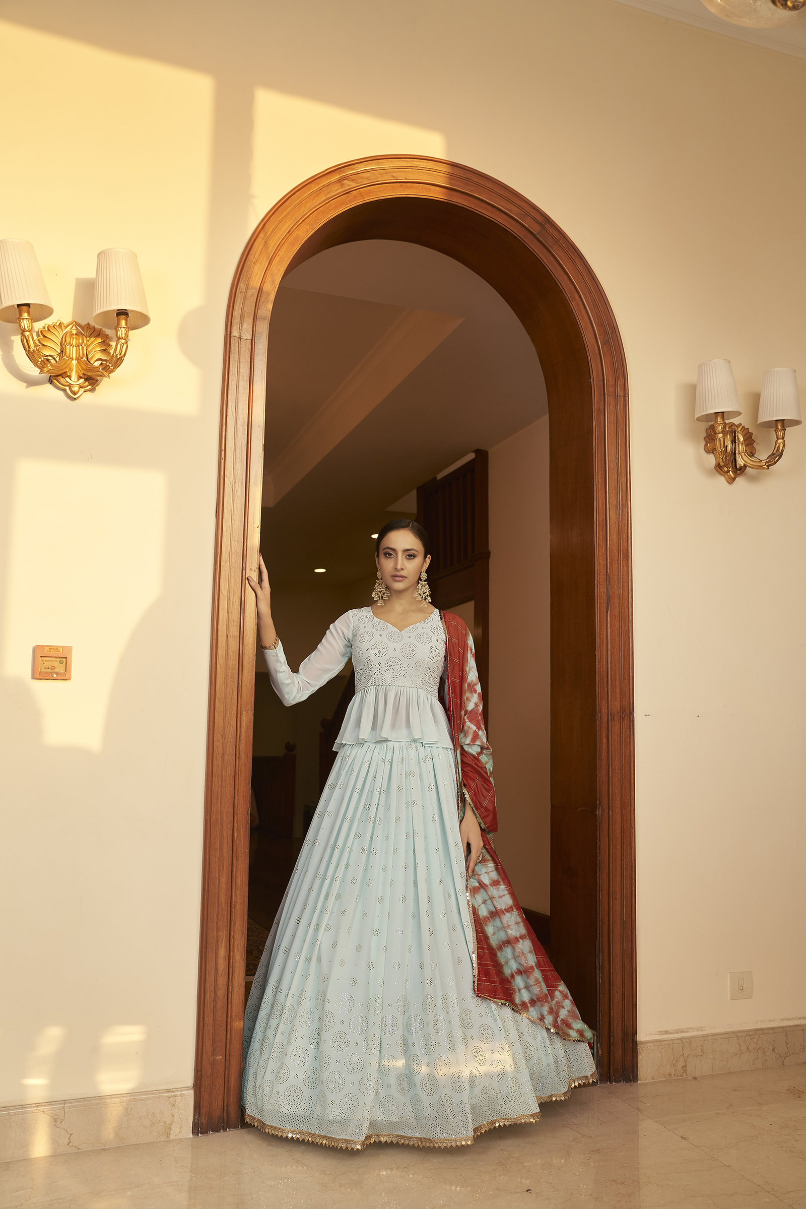 Blue Embellished Mukaish Semi-Stitched Lehenga & Unstitched Blouse with Dupatta