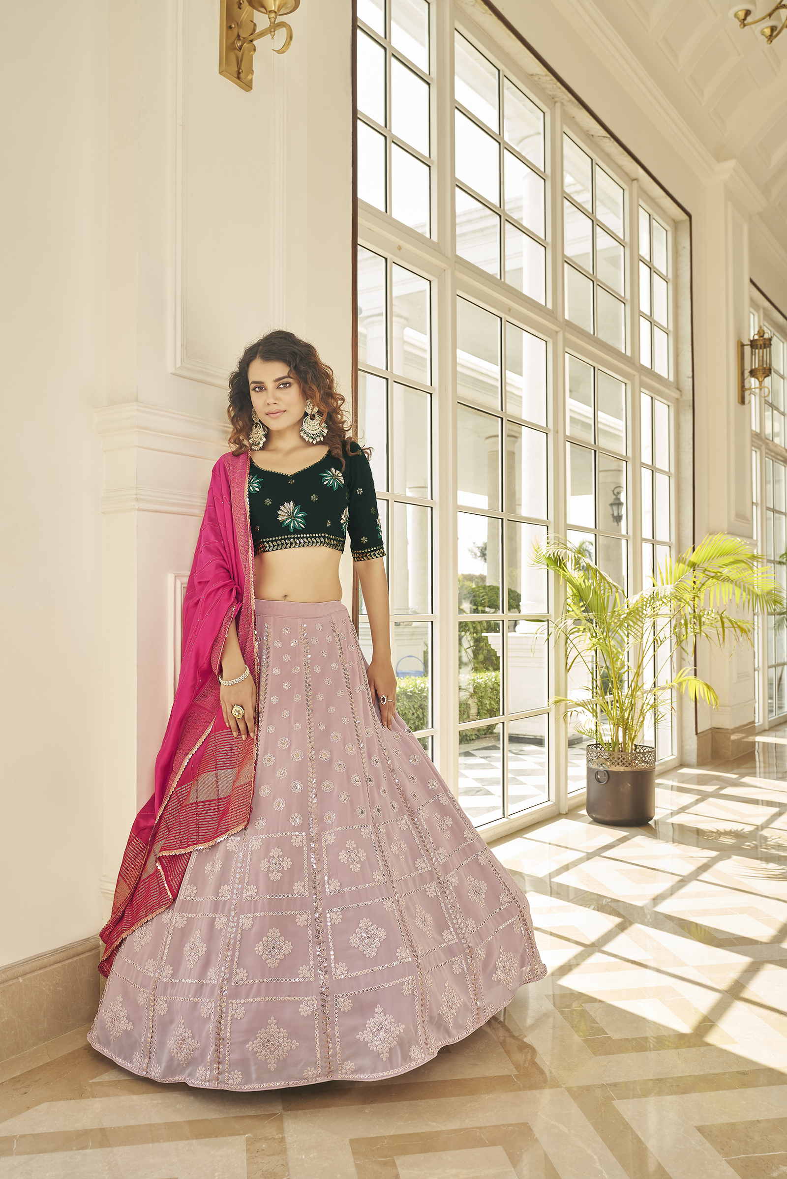Pleasant dusty pink thread and sequins embroidered georgette semi stitched lehen