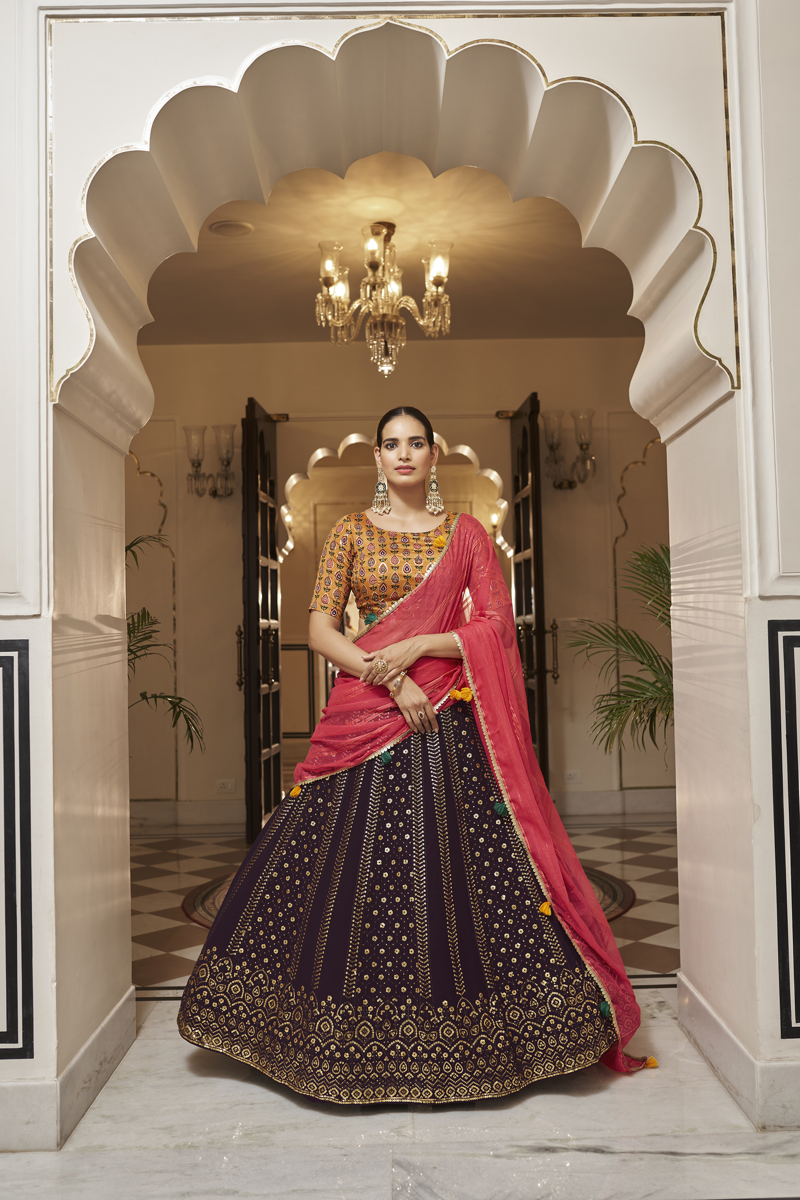 Purple Embroidered Semi-Stitched Lehenga & Unstitched Blouse & Dupatta