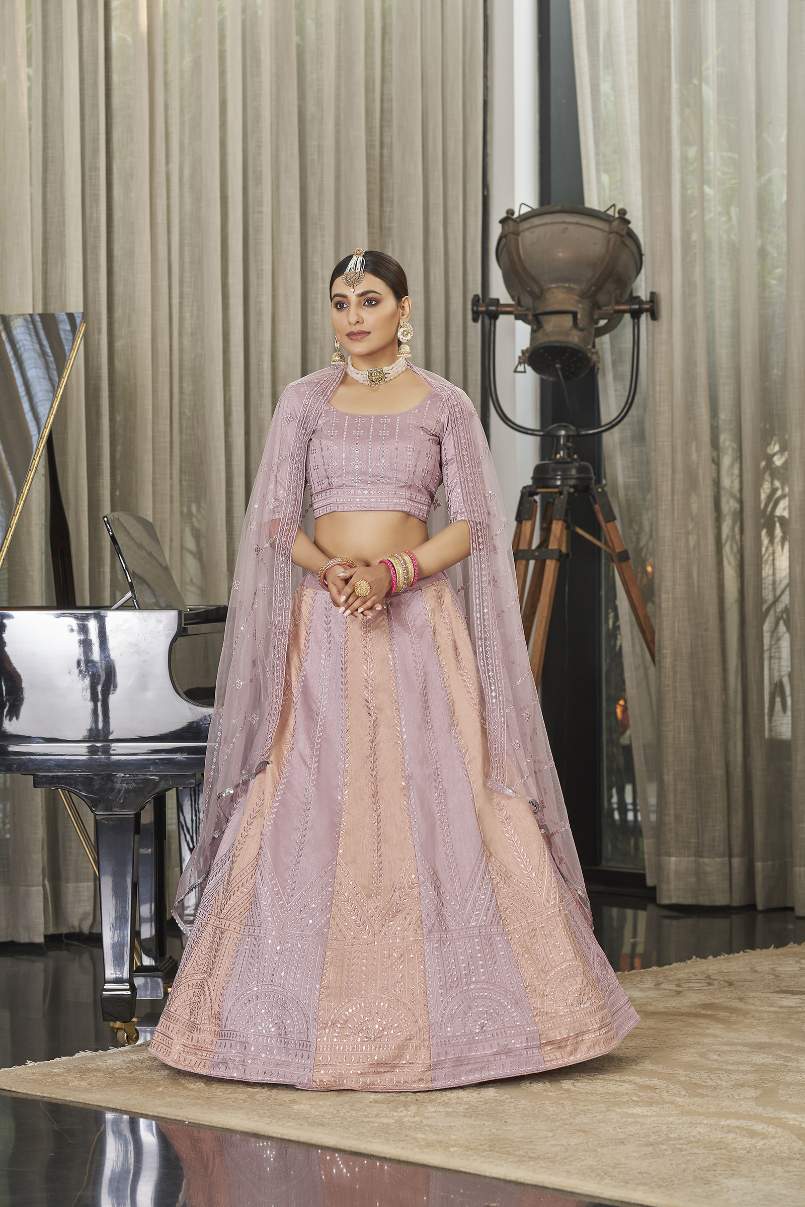 Embroidered Art Silk Lehenga In Pink And Peach Colour