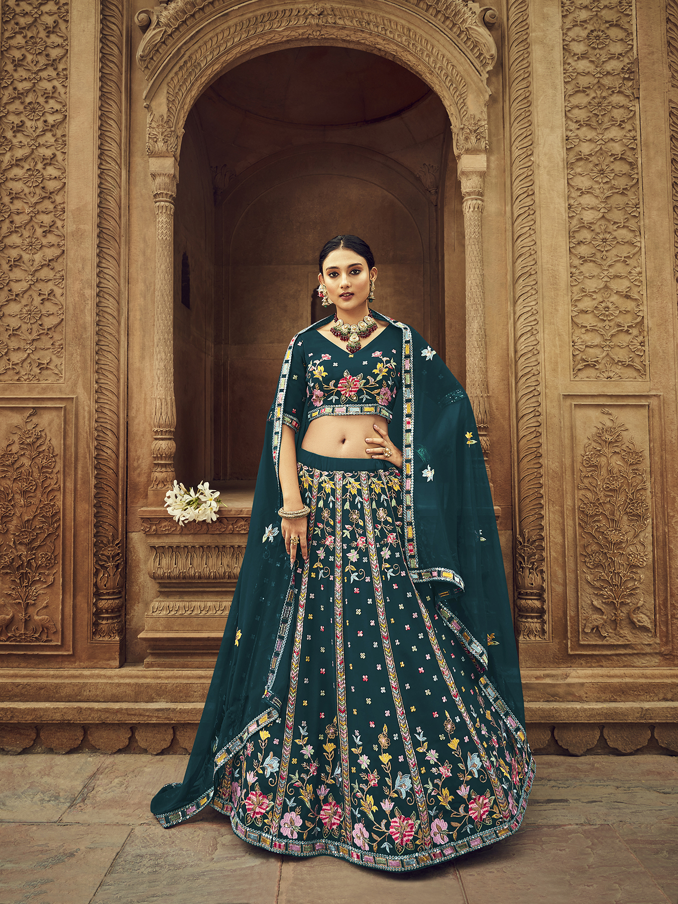 Teal Georgette Circular Lehenga Choli