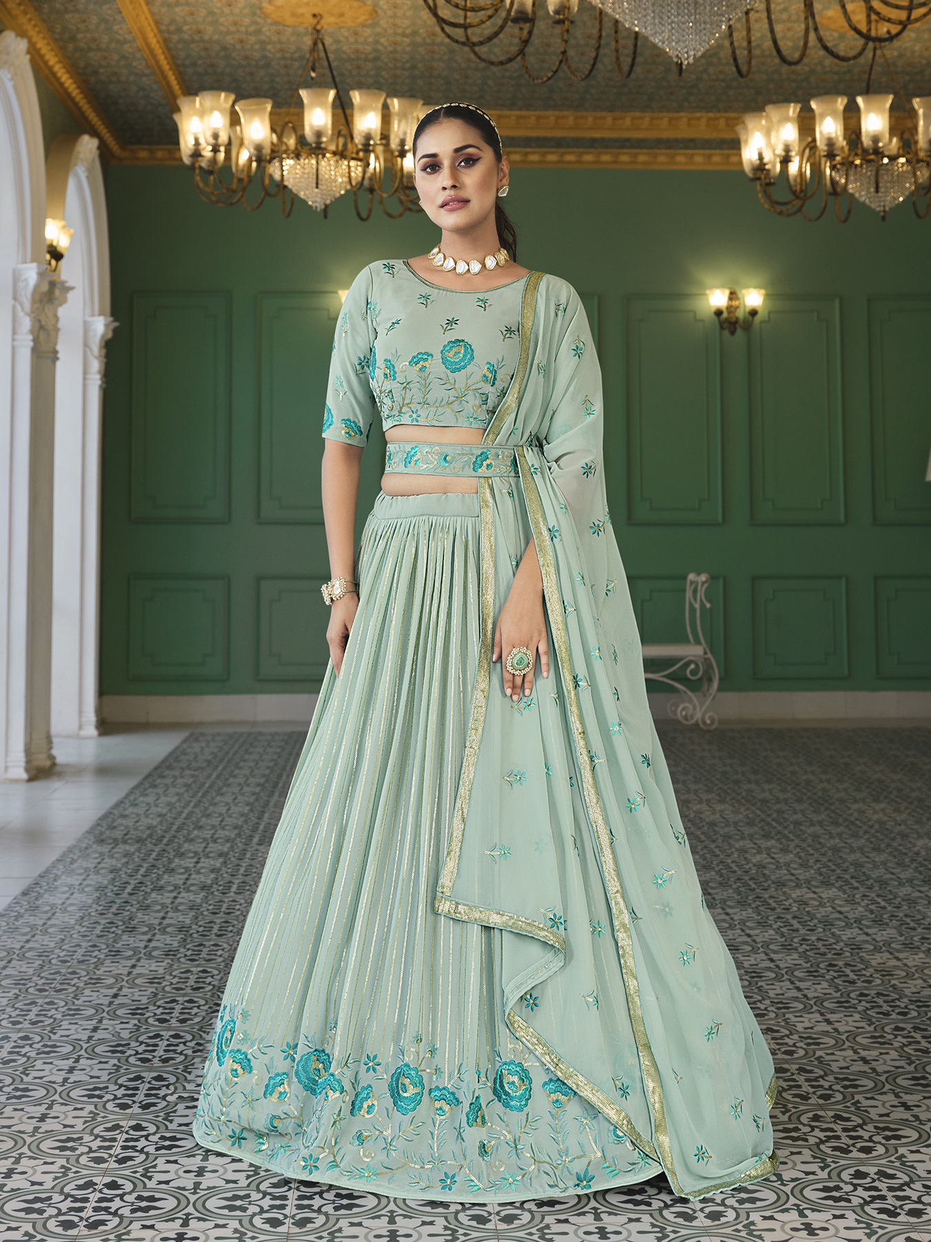 Pista Green Georgette Lehenga Choli