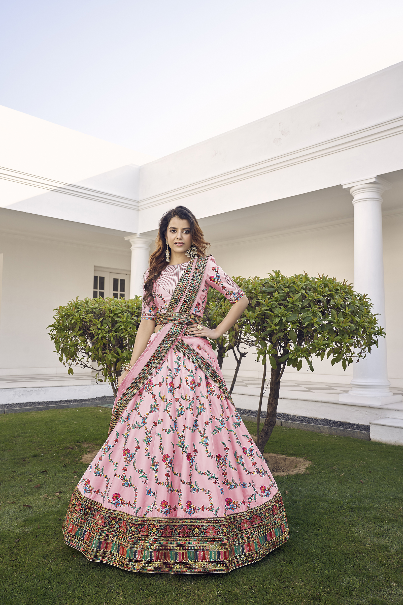Pink Art Silk Circular Lehenga Choli