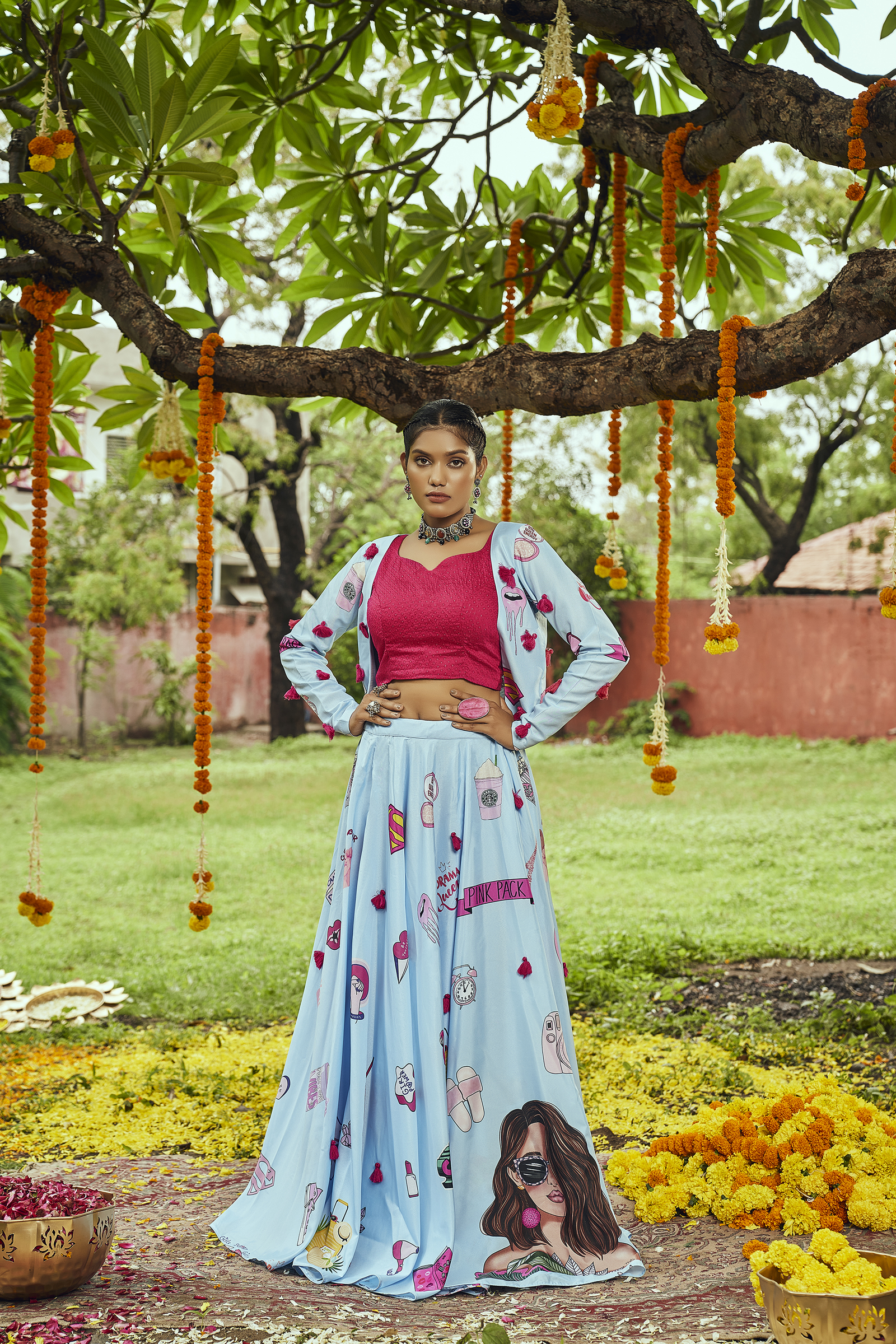 Navratri Special Sky Blue Digital Print Traditional Lehenga With Koti