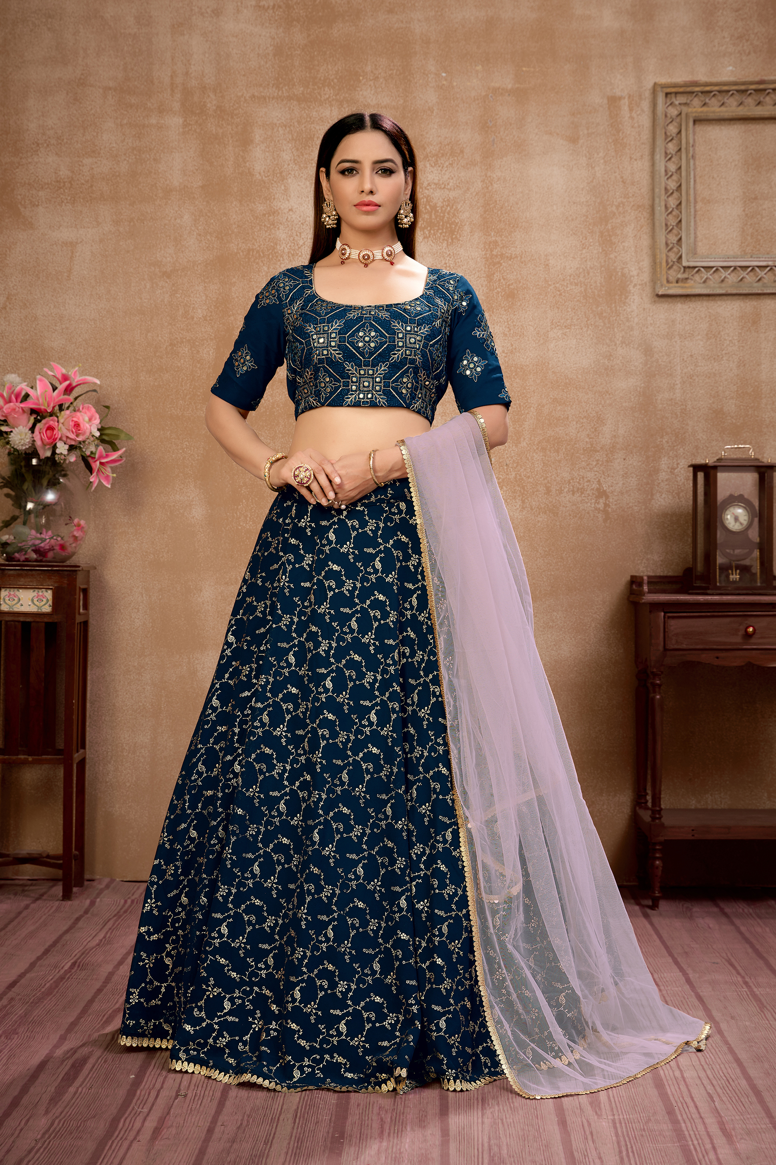 Artistic Blue Color Metalic Foil Designer Work Georgette Fancy Wedding Wear Lehe