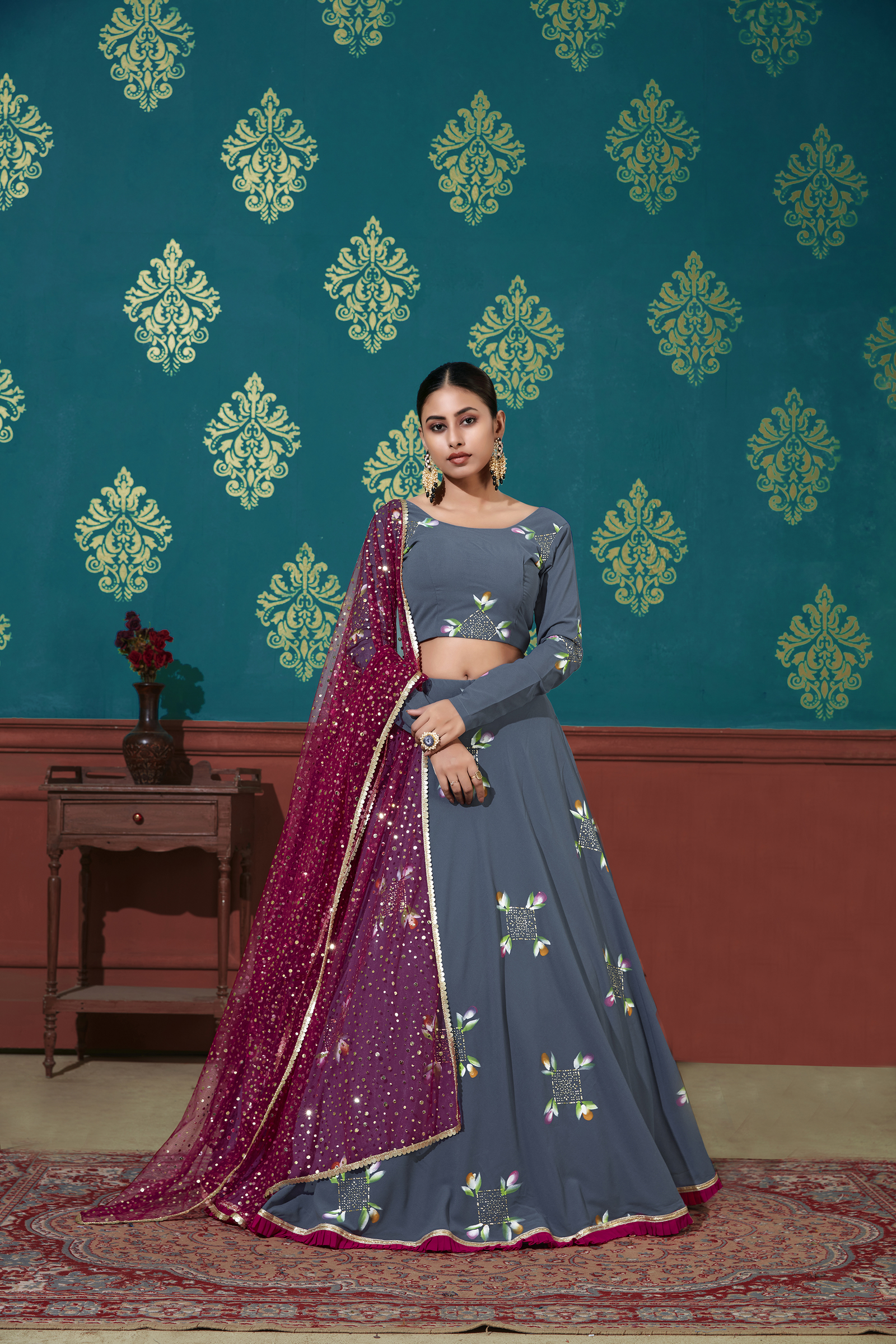 Floral Printed Semi-Stitched Lehenga & Unstitched Blouse With Dupatta
