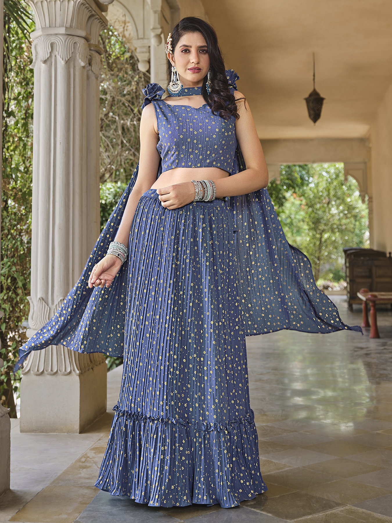 Blue Viscose Sequin Work Embroidered Kurta & Sharara With Dupatta Women's Ethnic