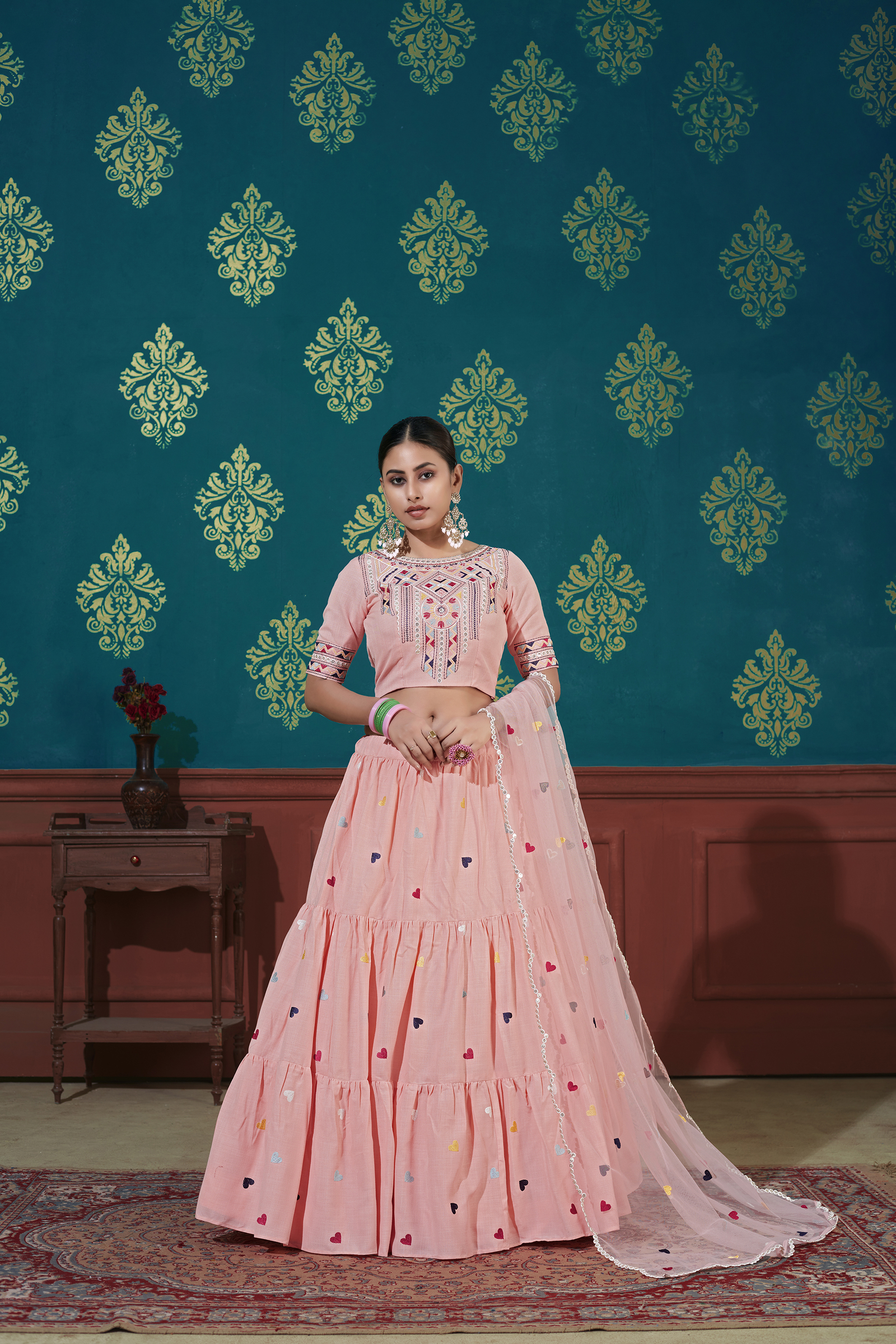 Pink Embroidered Sequinned Semi-Stitched Lehenga & Unstitched Blouse With Dupatt
